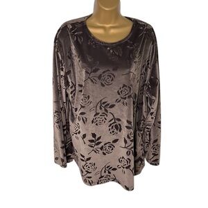 Vintage 90s Y2K Carolyn Taylor Burnout Velvet Top Floral Dark Taupe Brown XL